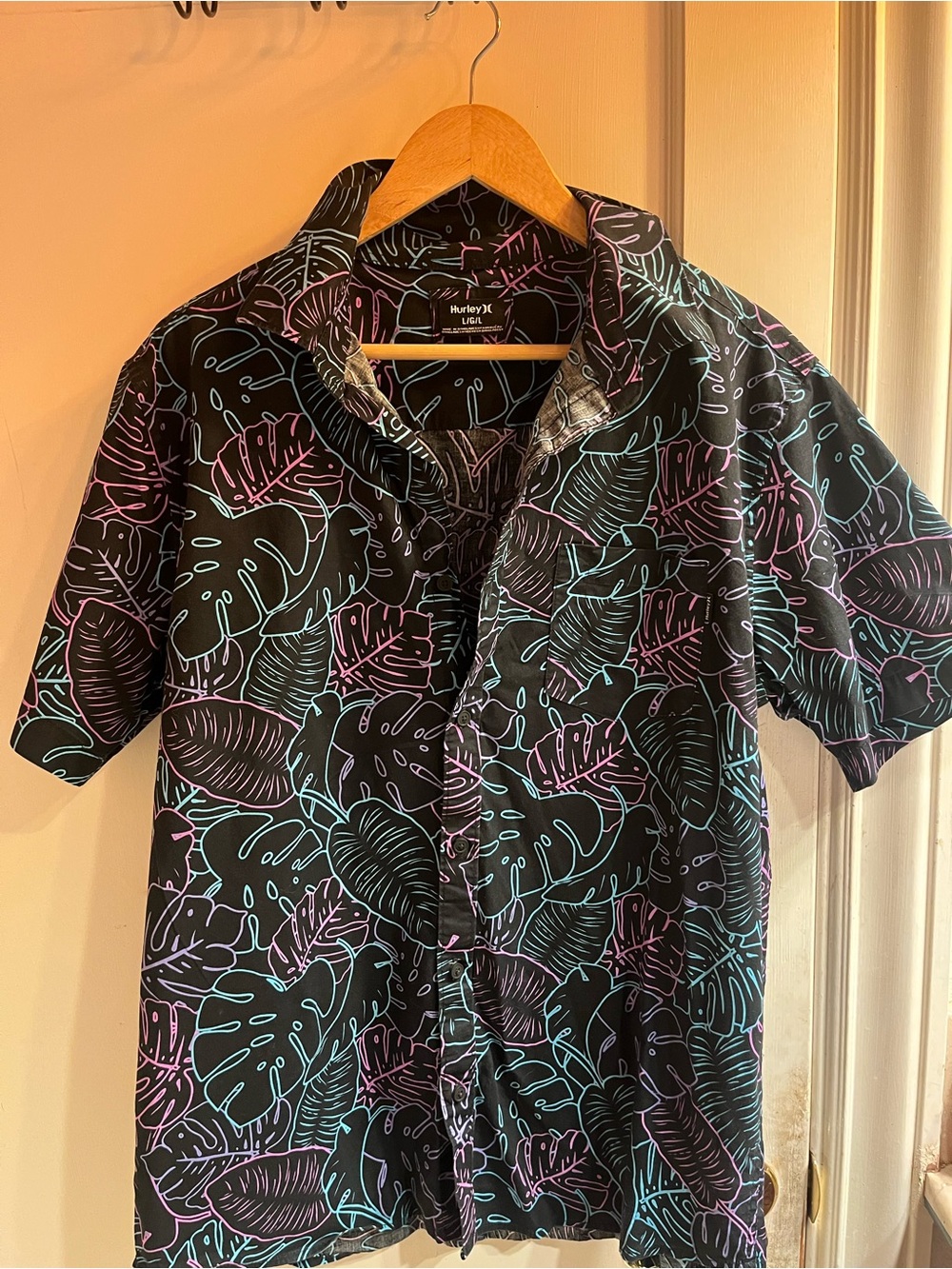 Hurley Black Short Sleeve Button-Down with Teal and Purple Leaf Print